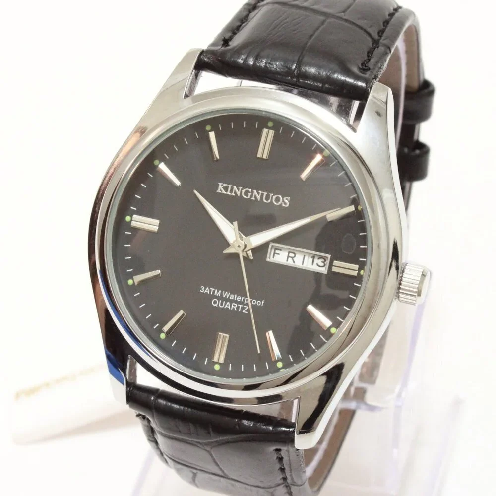 Men's Contemporary Dress Watch Silver Case Black Leather Watch Strap 40mm